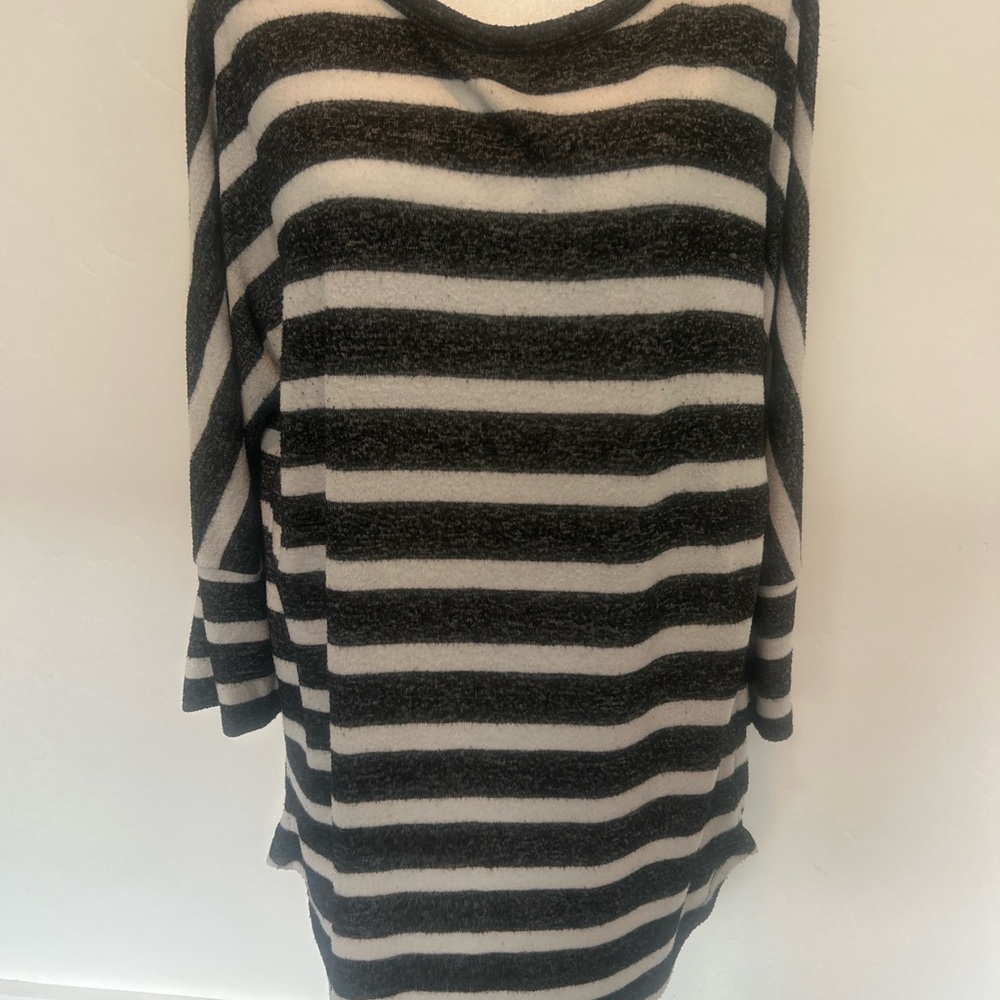 MIX‎ by 4thought Striped Tunic Top Long Sleeve Oversized Black Beige Size L